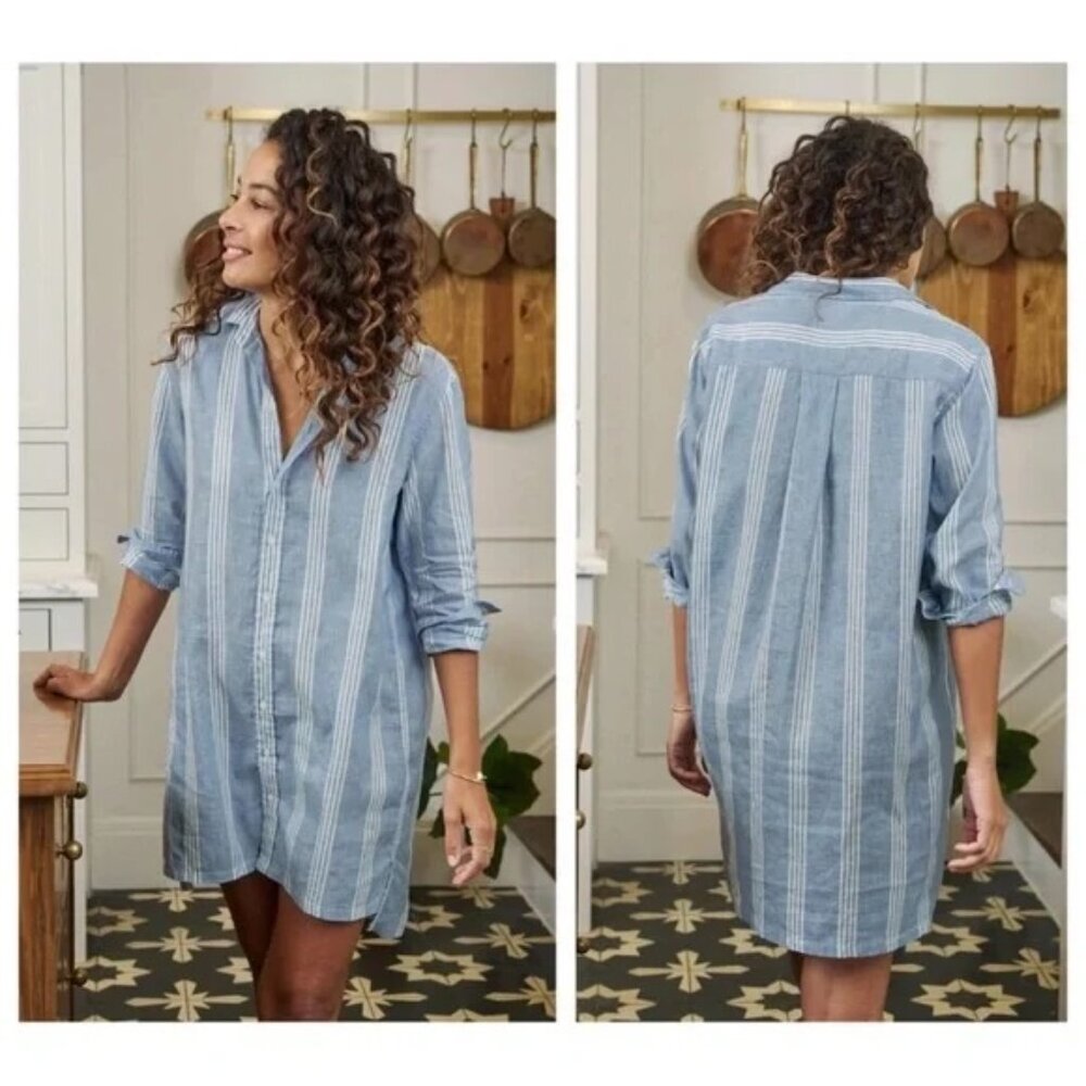 Frank and Eileen Hunter Linen Dress Wide Blue Stripe
